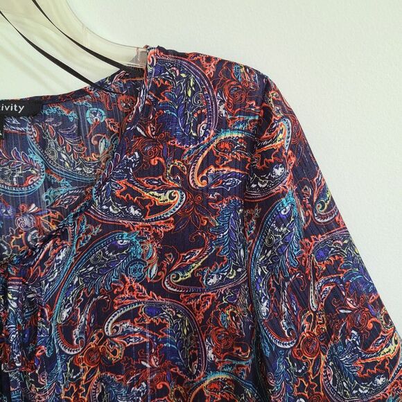 Relativity Black Paisley Gathered Blouse Multi Color 3/4 Bell Sleeve Sz Medium - Picture 4 of 16